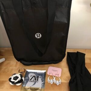 lululemon athletica Black Tote Shopping Bag Flower Bag Charm Eye Mask Earrings